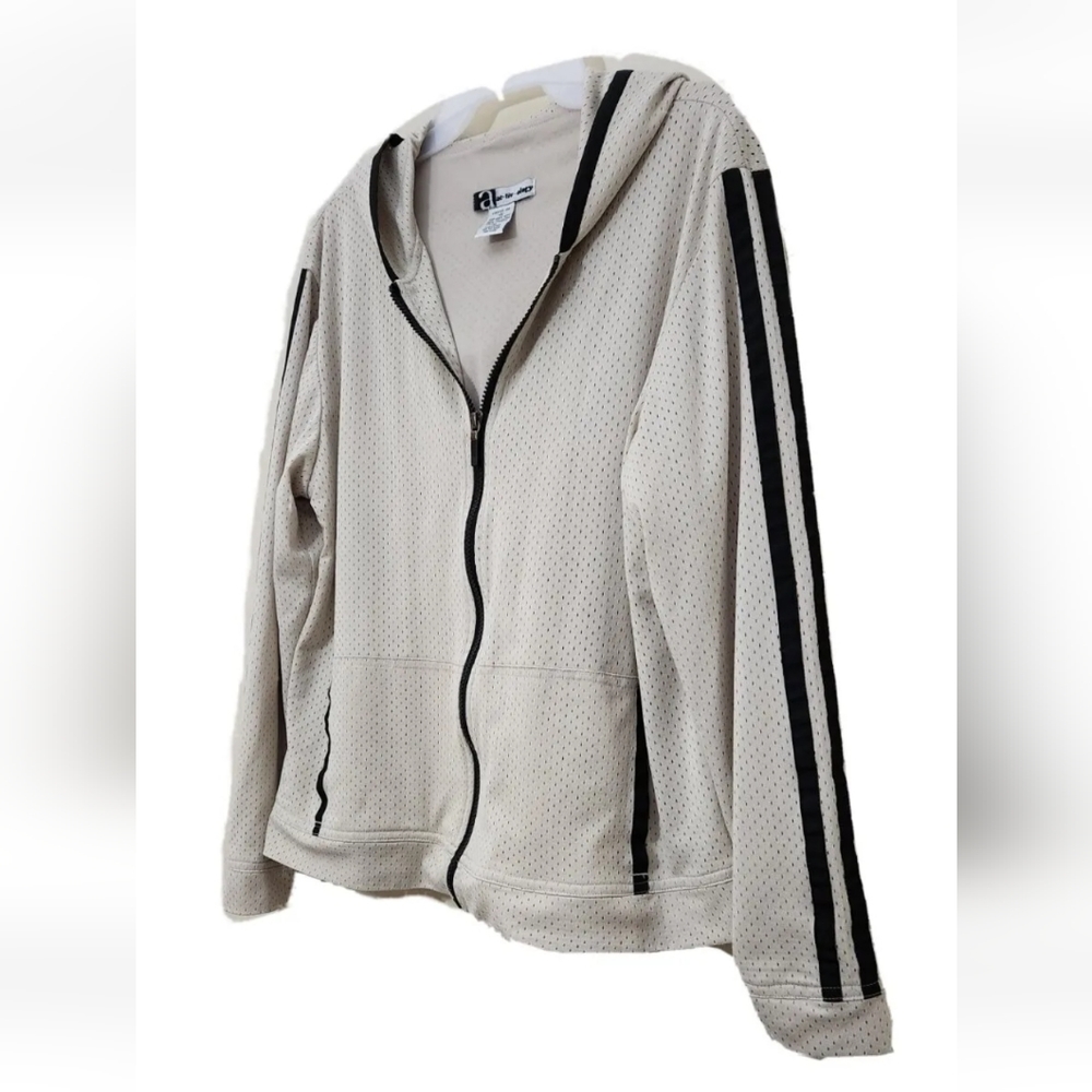 Activology Jacket Hoodie Ivory Vanilla Black Trim Pockets Medium Lightweight